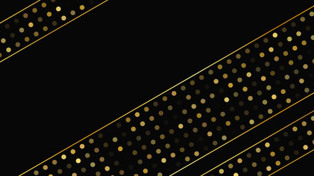 Luxurious dark background with abstract golden lines and glittering dots. Gold halftone backdrop with shimmering sparkles. A stylish and elegant design for modern templates. Vector illustrationのイラスト素材