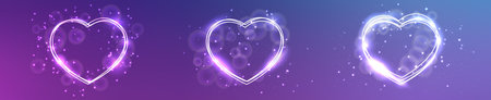 Set of three neon frames in heart form with shining effects and sparkles on purple background. Empty glowing techno backdrop. Vector illustrationのイラスト素材