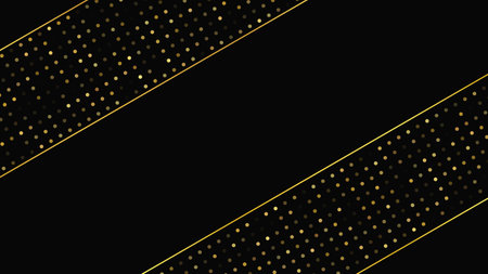 Luxurious dark background with abstract golden lines and glittering dots. Gold halftone backdrop with shimmering sparkles. A stylish and elegant design for modern templates. Vector illustrationのイラスト素材