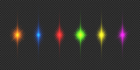 Light effect of lens flares. Six multicolor glowing light starburst effects with sparkles on a gray transparent background. Vector illustrationのイラスト素材