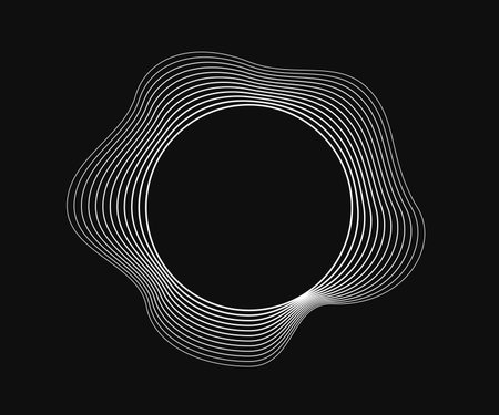 Round curved frame with dynamic wavy stripes. White wavy circles on a black background. Design element. Vector illustrationのイラスト素材