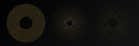 Abstract gold glowing halftone dotted background. Set of three gold glitter patterns in circle form. Circle halftone dots. Vector illustrationのイラスト素材