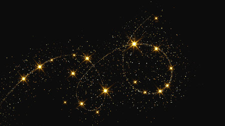 Gold glittering confetti wave and stardust. Backdrop with golden magical sparkles on dark background. Vector illustrationのイラスト素材