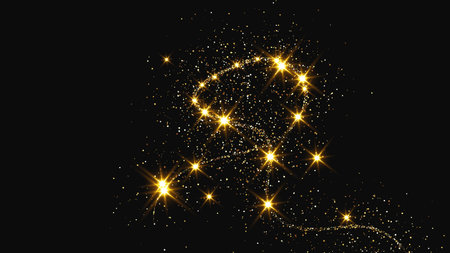 Gold glittering confetti wave and stardust. Backdrop with golden magical sparkles on dark background. Vector illustrationのイラスト素材