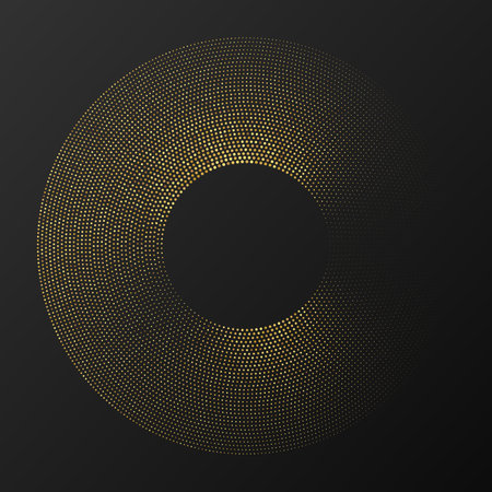 Abstract gold glowing halftone dotted background. Gold glitter pattern in circle form. Circle halftone dots. Vector illustrationのイラスト素材