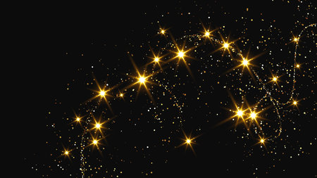 Gold glittering confetti wave and stardust. Backdrop with golden magical sparkles on dark background. Vector illustrationのイラスト素材