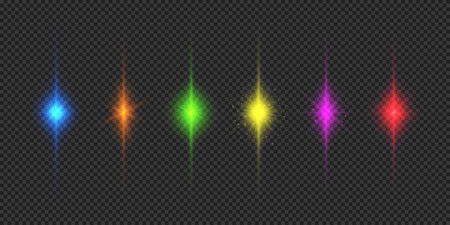 Light effect of lens flares. Six multicolor glowing light starburst effects with sparkles on a gray transparent background. Vector illustrationのイラスト素材