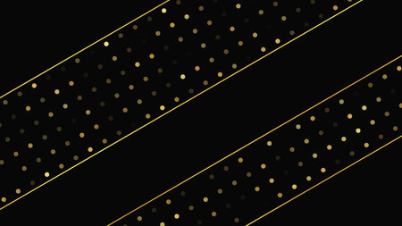 Luxurious dark background with abstract golden lines and glittering dots. Gold halftone backdrop with shimmering sparkles. A stylish and elegant design for modern templates. Vector illustrationのイラスト素材