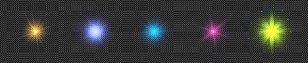Light effect of lens flares. Set of five multicolor glowing lights starburst effects with sparkles on a transparent background. Vector illustrationのイラスト素材