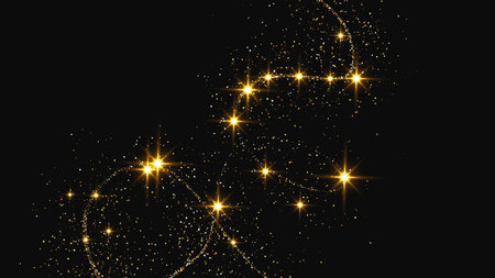 Gold glittering confetti wave and stardust. Backdrop with golden magical sparkles on dark background. Vector illustrationのイラスト素材