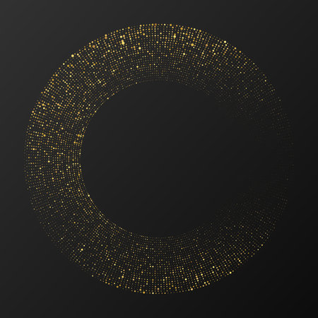 Abstract gold glowing halftone dotted background. Gold glitter pattern in circle form. Circle halftone dots. Vector illustrationのイラスト素材