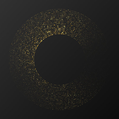 Abstract gold glowing halftone dotted background. Gold glitter pattern in circle form. Circle halftone dots. Vector illustrationのイラスト素材