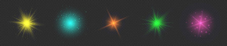 Light effect of lens flares. Set of five multicolor glowing lights starburst effects with sparkles on a transparent background. Vector illustrationのイラスト素材