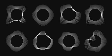 Set of eight round curved frames with dynamic wavy stripes. Collection of white wavy circles on a black background. Design element. Vector illustrationのイラスト素材