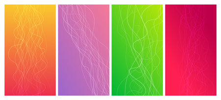 Set of four abstract gradient backgrounds with motion blurred white curves. Header banner. Bright abstract presentation backdrop. Vector illustrationのイラスト素材