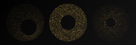 Abstract gold glowing halftone dotted background. Set of three gold glitter patterns in circle form. Circle halftone dots. Vector illustrationのイラスト素材