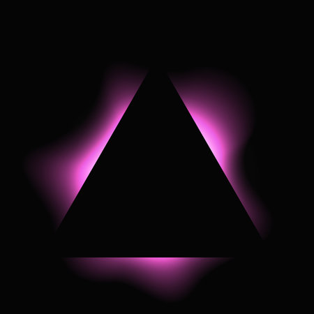 Triangle illuminated frame with gradient. Purple triangle neon banner isolated on black background....