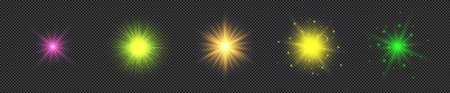 Light effect of lens flares. Set of five multicolor glowing lights starburst effects with sparkles on a transparent background. Vector illustrationのイラスト素材