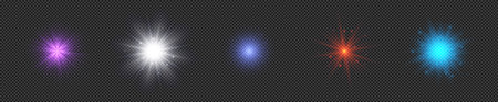 Light effect of lens flares. Set of five multicolor glowing lights starburst effects with sparkles on a transparent background. Vector illustrationのイラスト素材