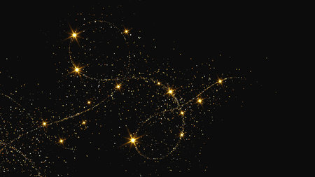 Gold glittering confetti wave and stardust. Backdrop with golden magical sparkles on dark background. Vector illustrationのイラスト素材