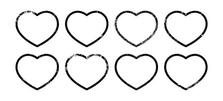 Set of grunge borders in heart form. Collection of eight dark textured frames with empty space on white background. Vector illustrationのイラスト素材
