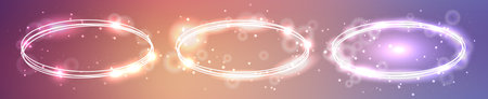 Set of three neon oval frames with shining effects and sparkles on brown background. Empty glowing techno backdrop. Vector illustrationのイラスト素材