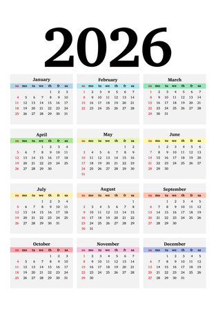 Calendar for 2026 isolated on a white background. Sunday to Monday, business template. Vector illustrationのイラスト素材