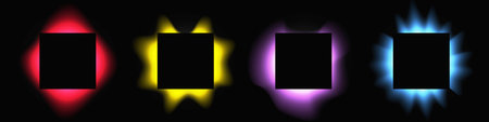 Set of square illuminated frames with gradient. Four multicolor neon banners isolated on black background. Vector illustrationのイラスト素材