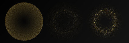 Abstract gold glowing halftone dotted background. Set of three gold glitter patterns in circle form. Circle halftone dots. Vector illustrationのイラスト素材