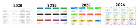 Set of four calendars for 2026 isolated on a white background. Sunday to Monday, business template. Vector illustrationのイラスト素材