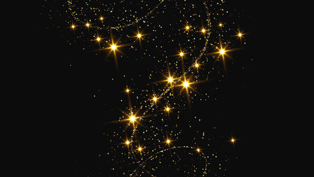 Gold glittering confetti wave and stardust. Backdrop with golden magical sparkles on dark...