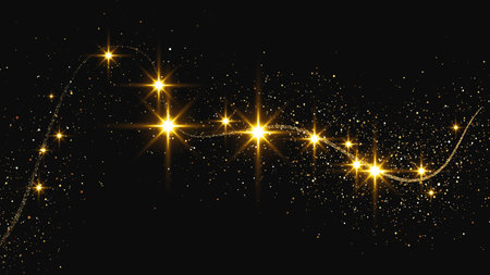 Gold glittering confetti wave and stardust. Backdrop with golden magical sparkles on dark...
