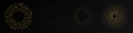Abstract gold glowing halftone dotted background. Set of four gold glitter patterns in circle form. Circle halftone dots. Vector illustrationのイラスト素材