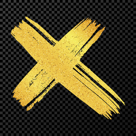 Hand drawn brush cross symbol. Gold sketch cross symbol on dark transparent background. Vector illustrationのイラスト素材