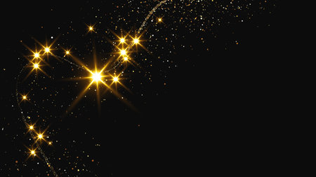 Gold glittering confetti wave and stardust. Backdrop with golden magical sparkles on dark...