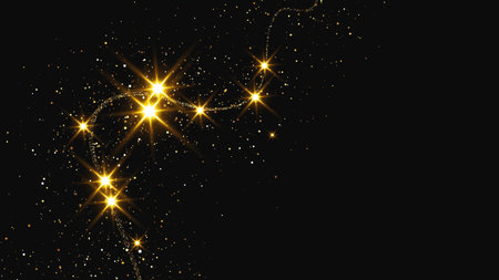 Gold glittering confetti wave and stardust. Backdrop with golden magical sparkles on dark background. Vector illustrationのイラスト素材