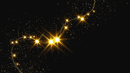 Gold glittering confetti wave and stardust. Backdrop with golden magical sparkles on dark background. Vector illustrationのイラスト素材
