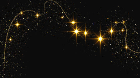 Gold glittering confetti wave and stardust. Backdrop with golden magical sparkles on dark background. Vector illustrationのイラスト素材