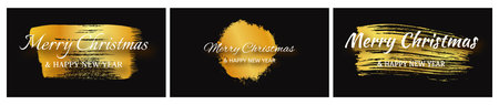 Merry Christmas and Happy New Year white inscription with shadow on gold smear. Set of three abstract backdrops for Christmas holiday greeting card, flyers or posters. Vector illustrationのイラスト素材