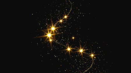 Gold glittering confetti wave and stardust. Backdrop with golden magical sparkles on dark background. Vector illustrationのイラスト素材