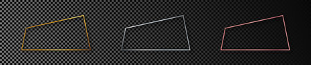 Set of three gold, silver and rose gold glowing trapezoid frames isolated on dark transparent background. Shiny frame with glowing effects. Vector illustrationのイラスト素材