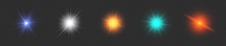Light effect of lens flares. Set of five multicolor glowing lights starburst effects with sparkles on a transparent background. Vector illustrationのイラスト素材