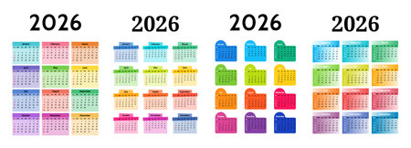 Set of four vertical calendars for 2026 isolated on a white background. Sunday to Monday, business...