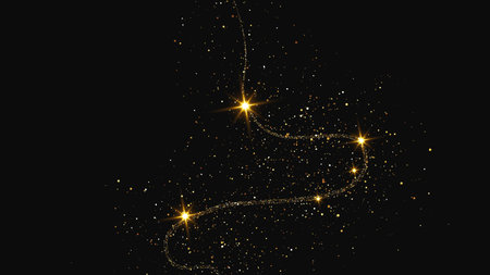 Gold glittering confetti wave and stardust. Backdrop with golden magical sparkles on dark background. Vector illustrationのイラスト素材