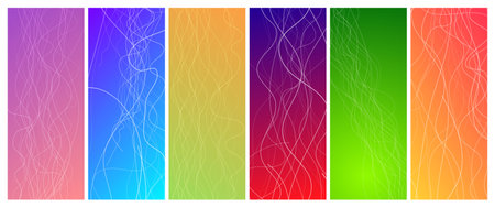 Set of six abstract gradient backgrounds with motion blurred white curves. Header banner. Bright abstract presentation backdrop. Vector illustrationのイラスト素材
