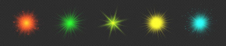 Light effect of lens flares. Set of five multicolor glowing lights starburst effects with sparkles on a transparent background. Vector illustrationのイラスト素材