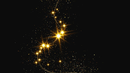 Gold glittering confetti wave and stardust. Backdrop with golden magical sparkles on dark background. Vector illustrationのイラスト素材