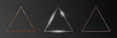 Set of three gold, silver and rose gold glowing triangle frames isolated on dark transparent background. Shiny frame with glowing effects. Vector illustrationのイラスト素材