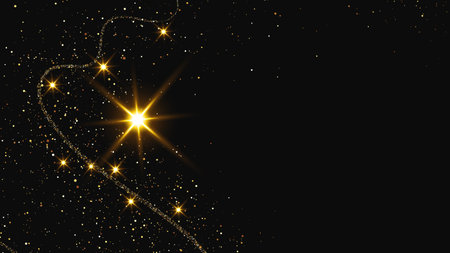 Gold glittering confetti wave and stardust. Backdrop with golden magical sparkles on dark background. Vector illustrationのイラスト素材