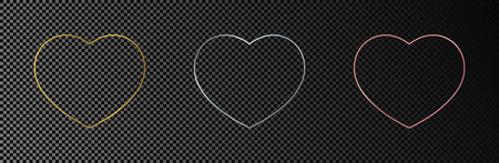 Set of three gold, silver and rose gold glowing heart shape frames isolated on dark transparent background. Shiny frame with glowing effects. Vector illustrationのイラスト素材